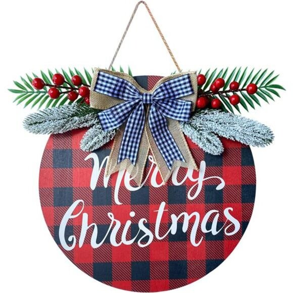 Merry Christmas Wreaths for Front Door Hanging Sign Buffalo Plaid Christmas - Picture 3 of 6